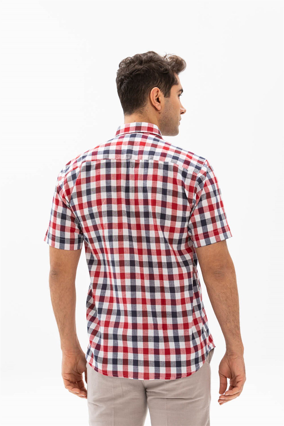Büyük Beden Kısa Kol Şile Bezi Erkek Gömlek Kırmızı Lacivert Kareli