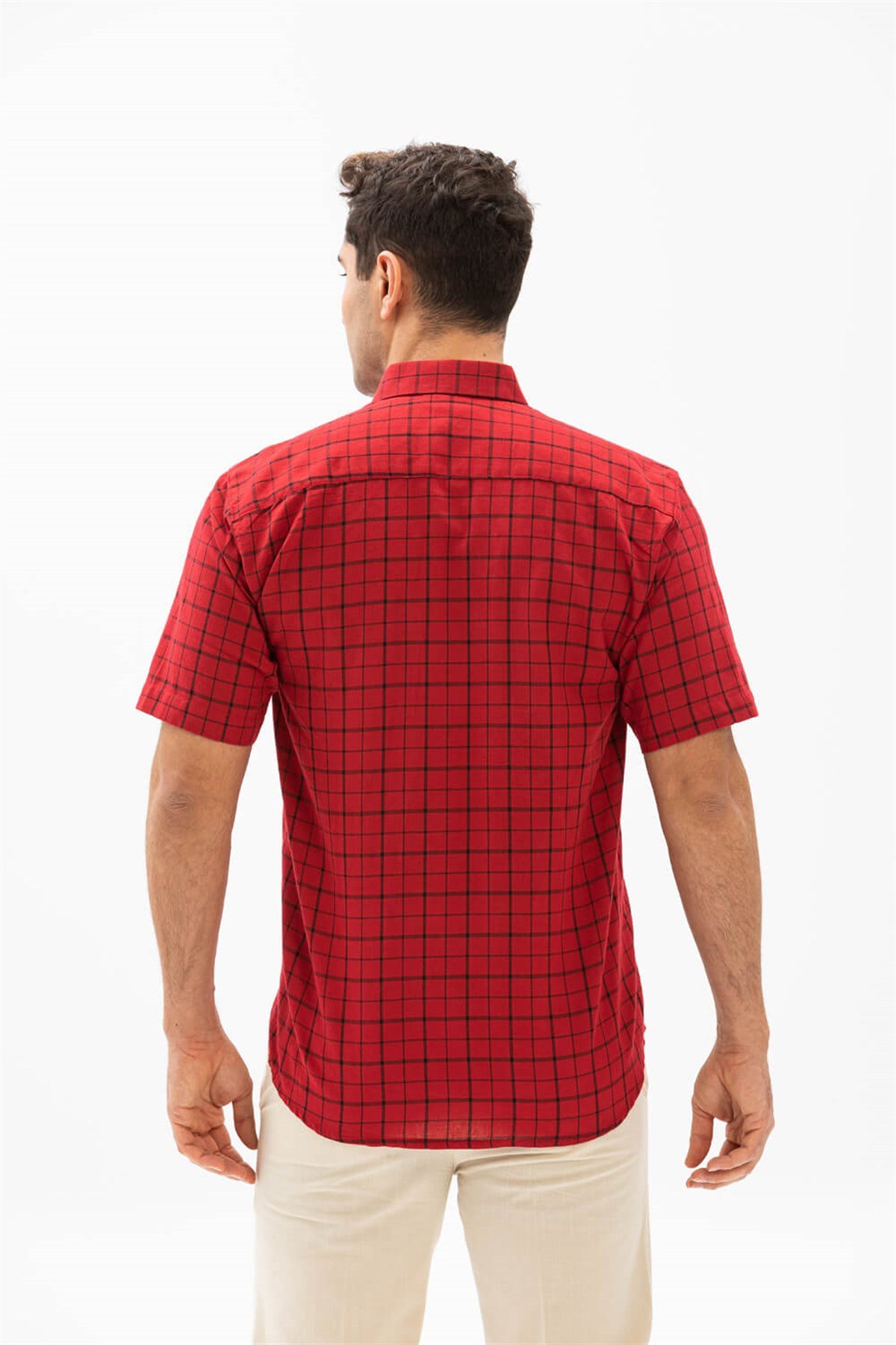 Büyük Beden Kısa Kol Şile Bezi Erkek Gömlek Kırmızı Kareli