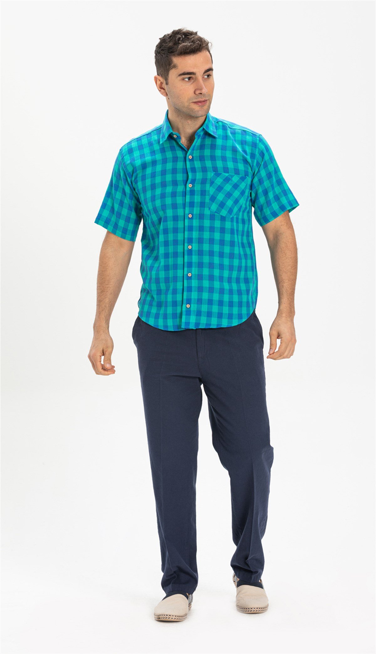 Büyük Beden Kısa Kol Şile Bezi Erkek Gömlek Mint Kareli 3033