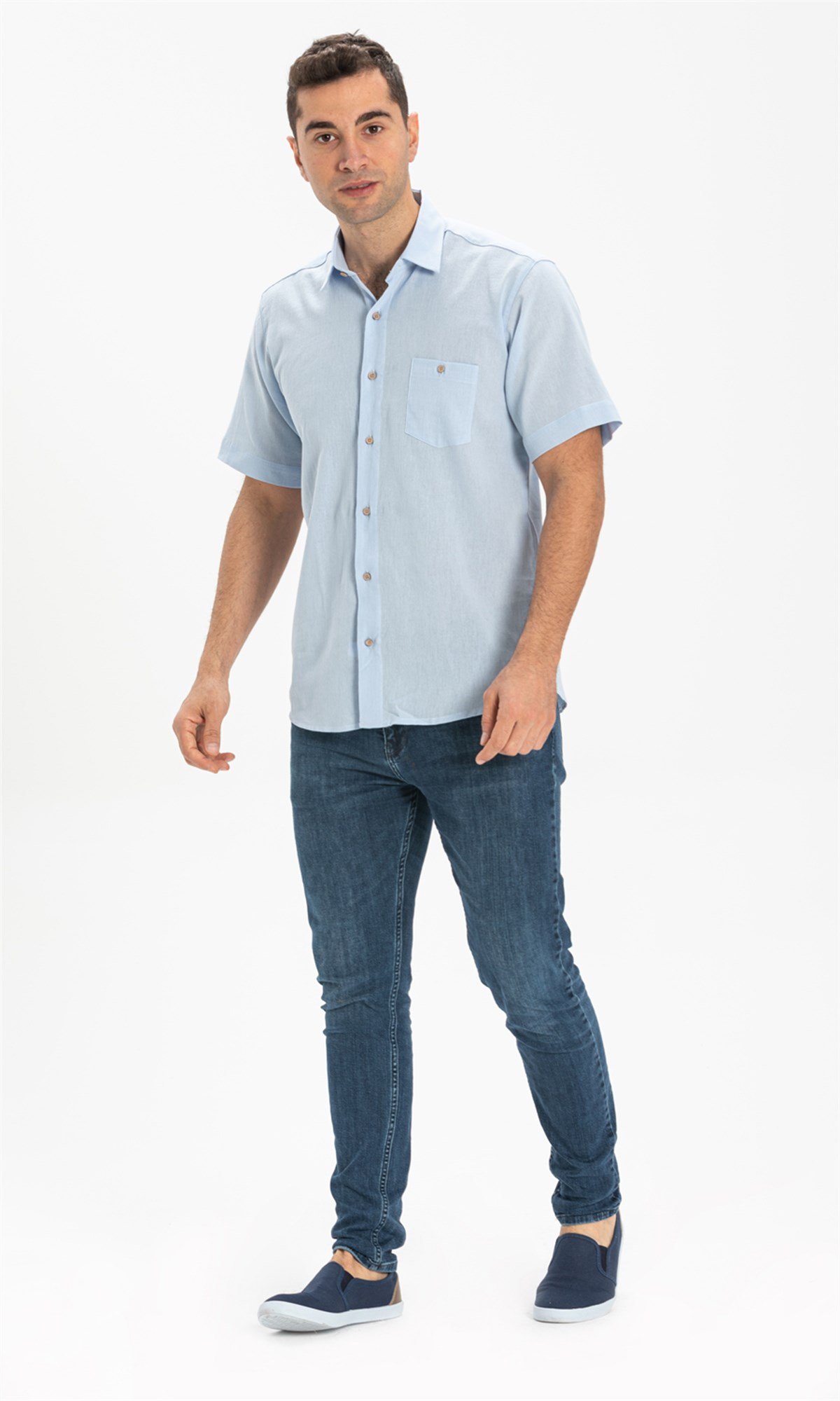 Büyük Beden Kısa Kol Şile Bezi Erkek Gömlek Buz Mavi 3027