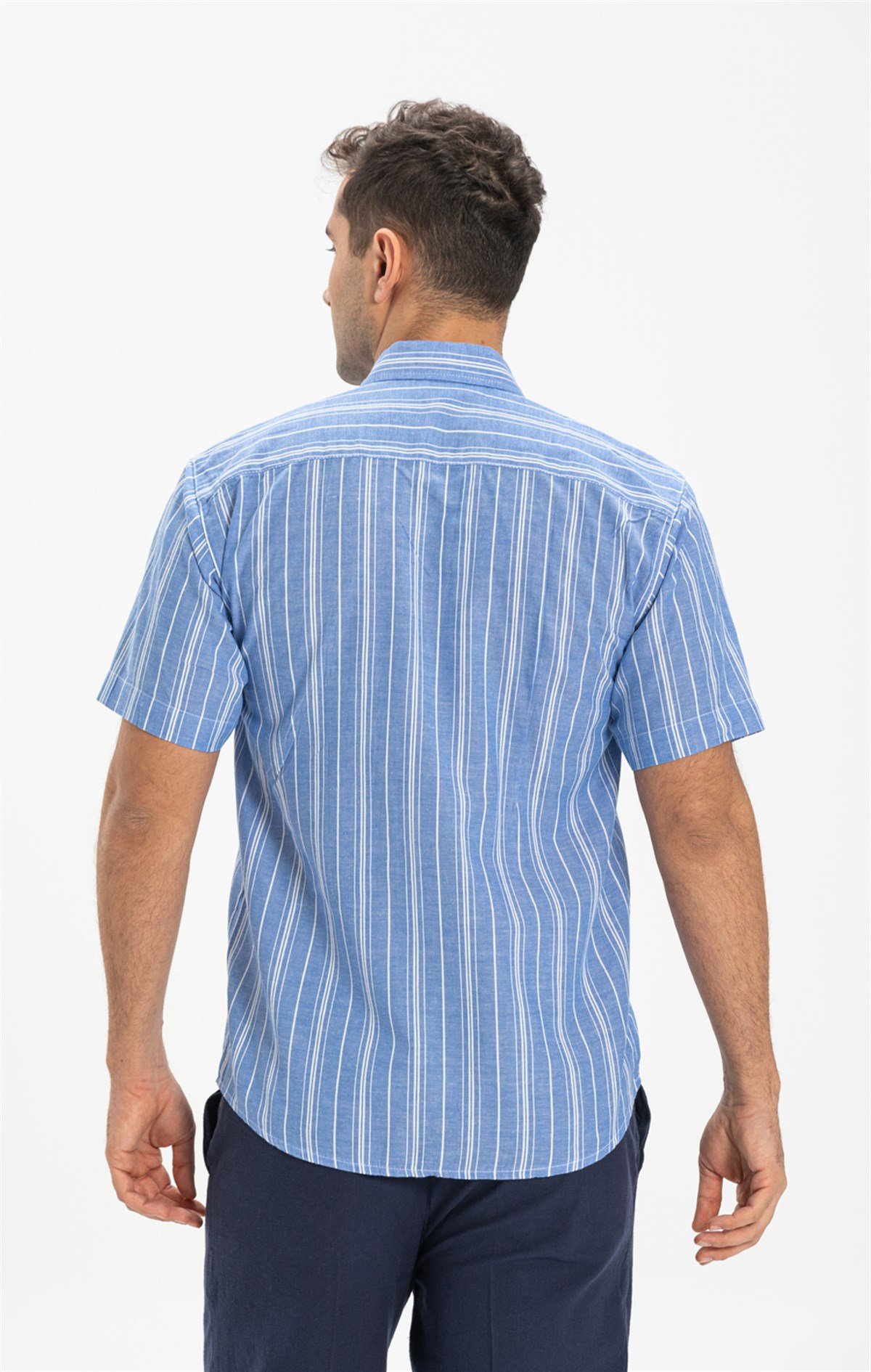 Büyük Beden Kısa Kol Şile Bezi Erkek Gömlek Mavi Beyaz Çizgili 3019