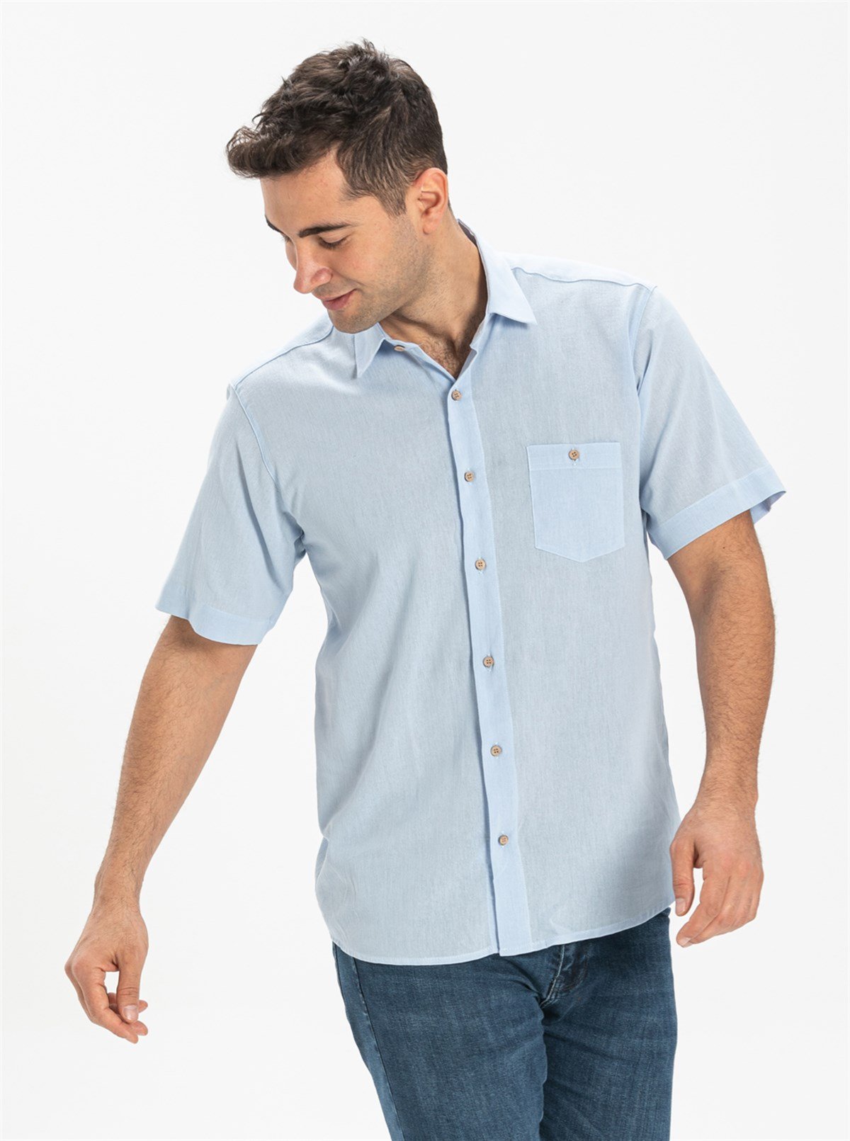 Büyük Beden Kısa Kol Şile Bezi Erkek Gömlek Buz Mavi 3027