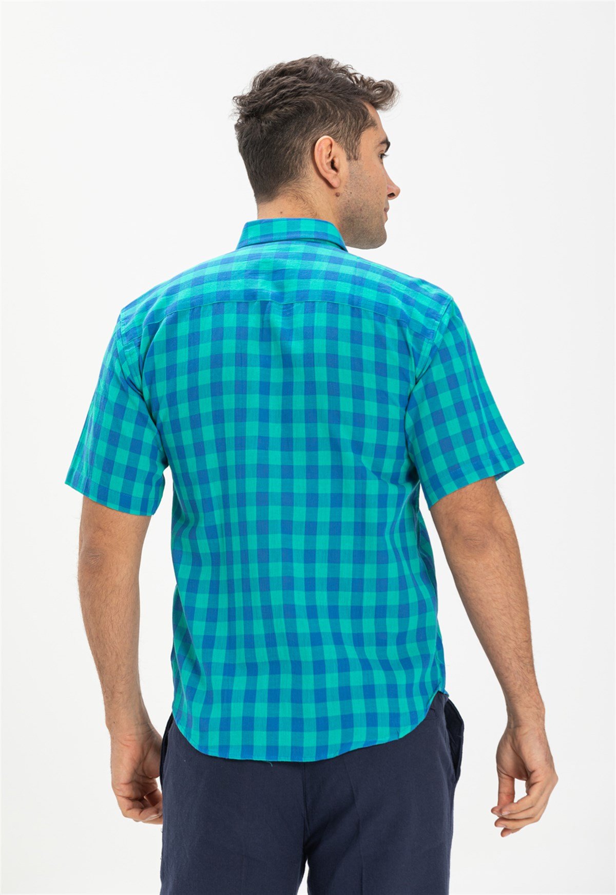 Büyük Beden Kısa Kol Şile Bezi Erkek Gömlek Mint Kareli 3033