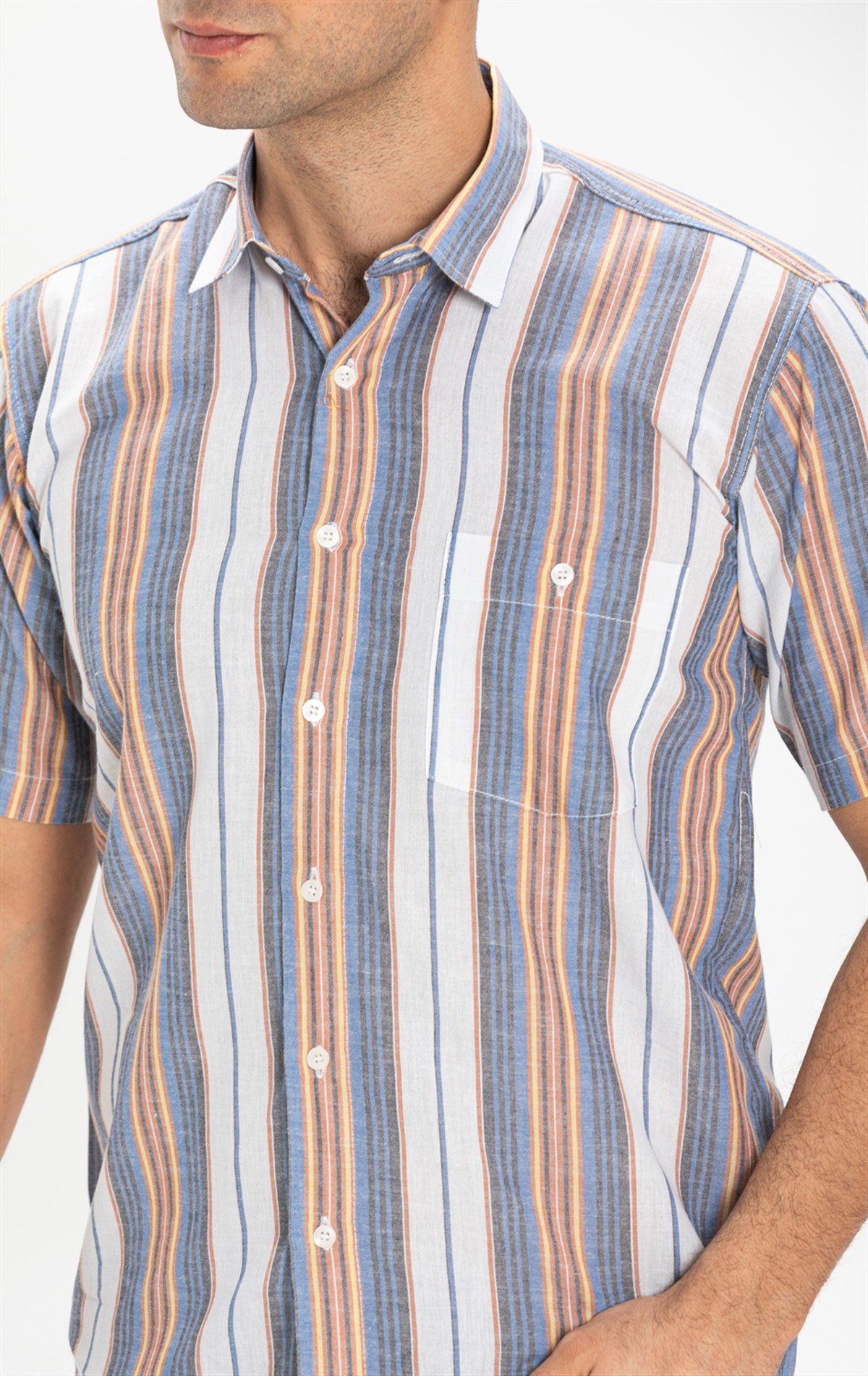Büyük Beden Kısa Kol Şile Bezi Erkek Gömlek Mavi Gri Çizgili 3037