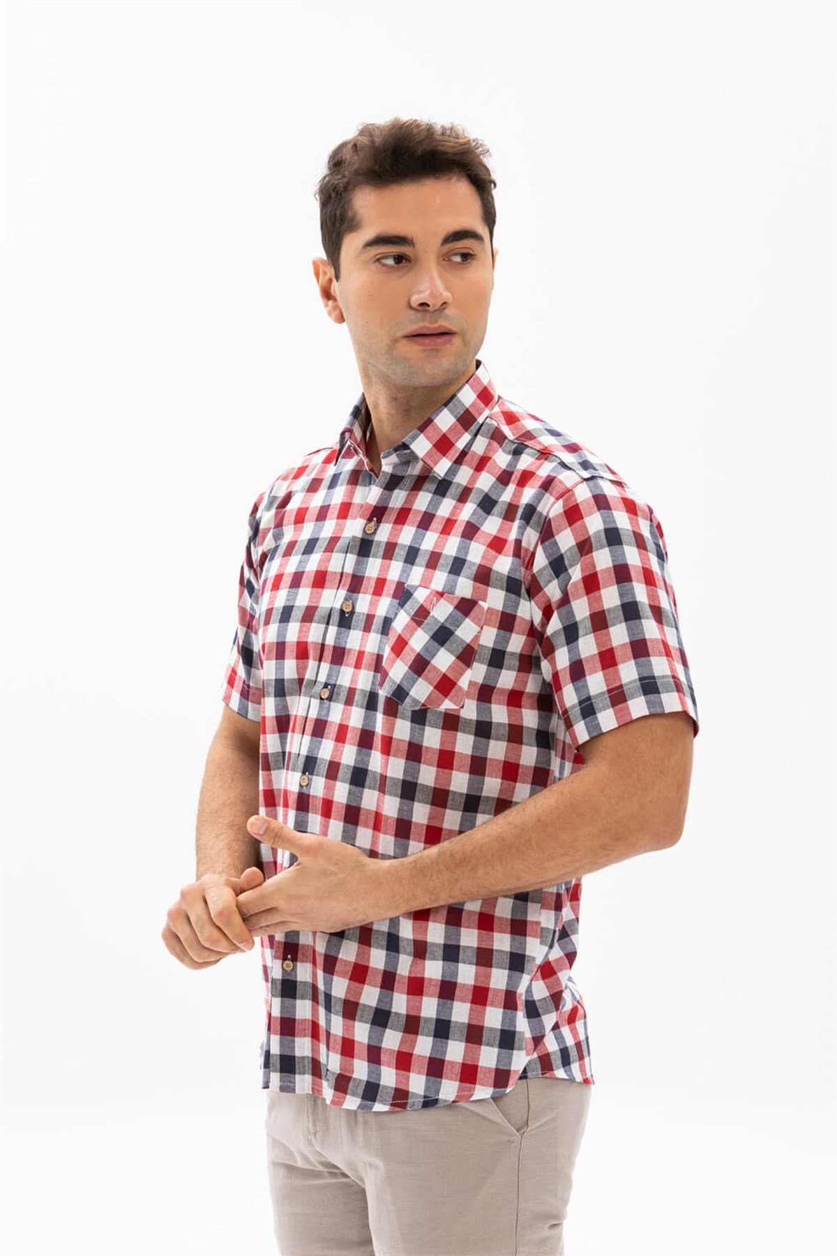 Büyük Beden Kısa Kol Şile Bezi Erkek Gömlek Kırmızı Lacivert Kareli