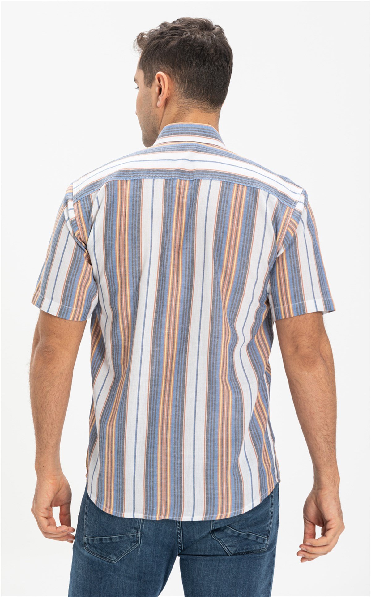 Büyük Beden Kısa Kol Şile Bezi Erkek Gömlek Mavi Gri Çizgili 3037