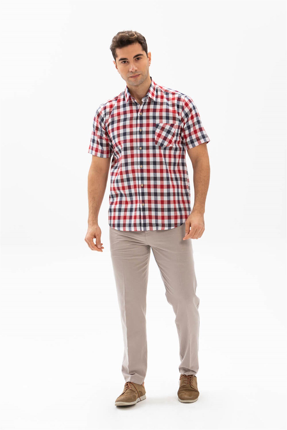 Büyük Beden Kısa Kol Şile Bezi Erkek Gömlek Kırmızı Lacivert Kareli