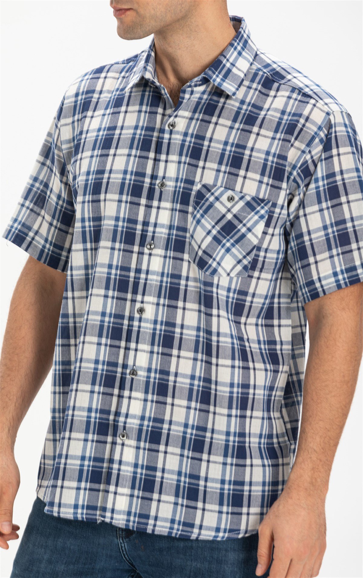 Büyük Beden Kısa Kol Şile Bezi Erkek Gömlek Lacivert Ekose 3058