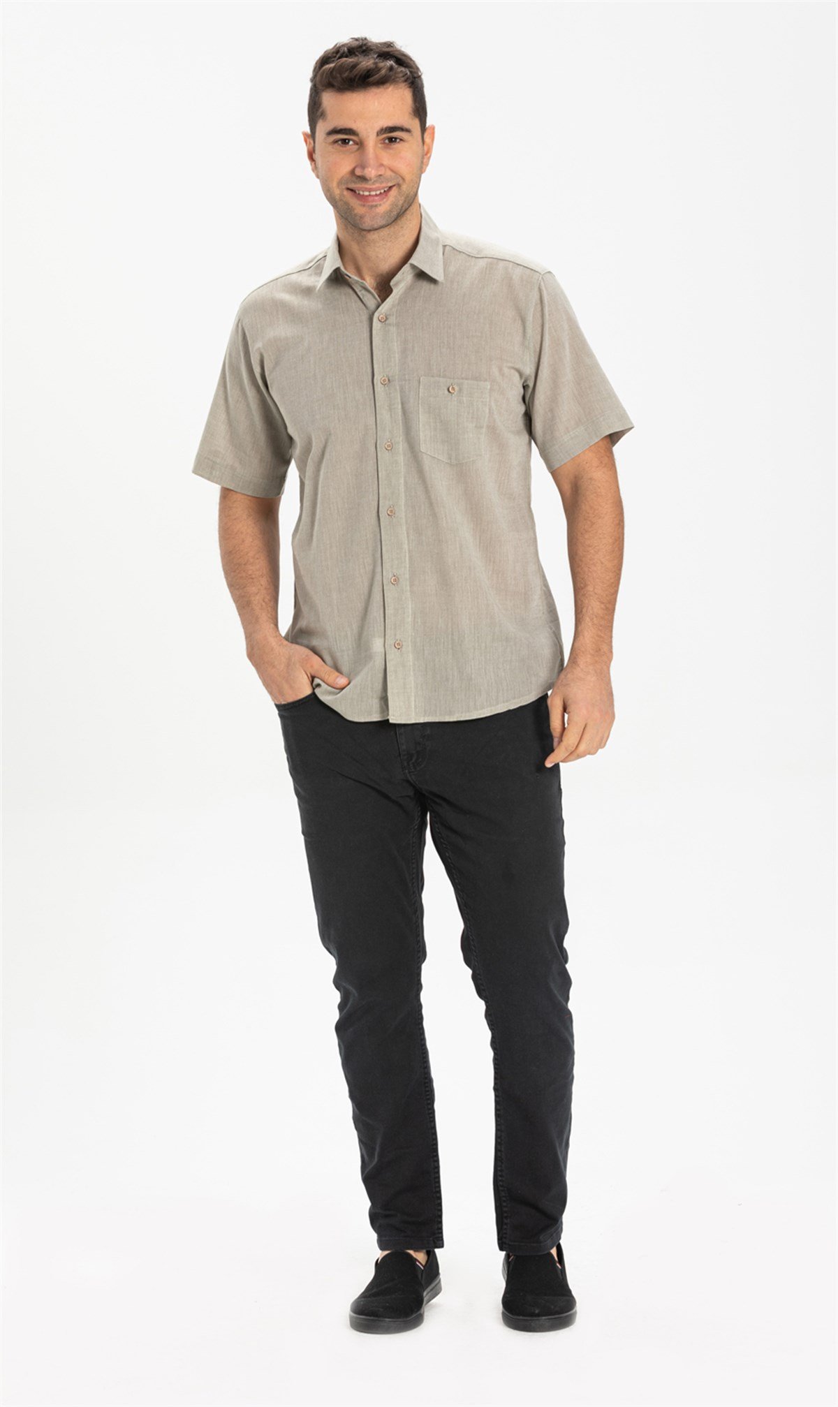 Büyük Beden Kısa Kol Şile Bezi Erkek Gömlek Taş 3031