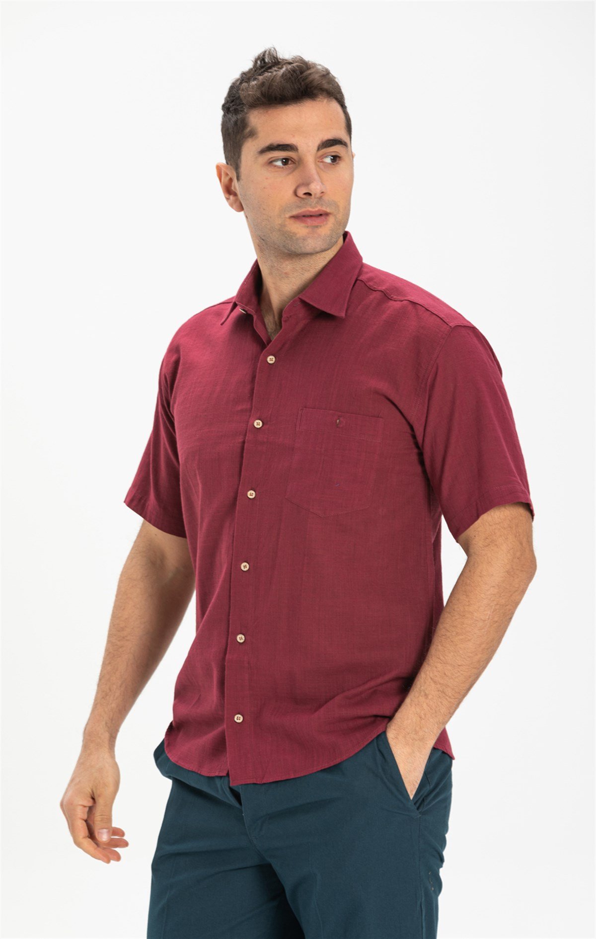 Büyük Beden Kısa Kol Şile Bezi Erkek Gömlek Koyu Bordo 3068