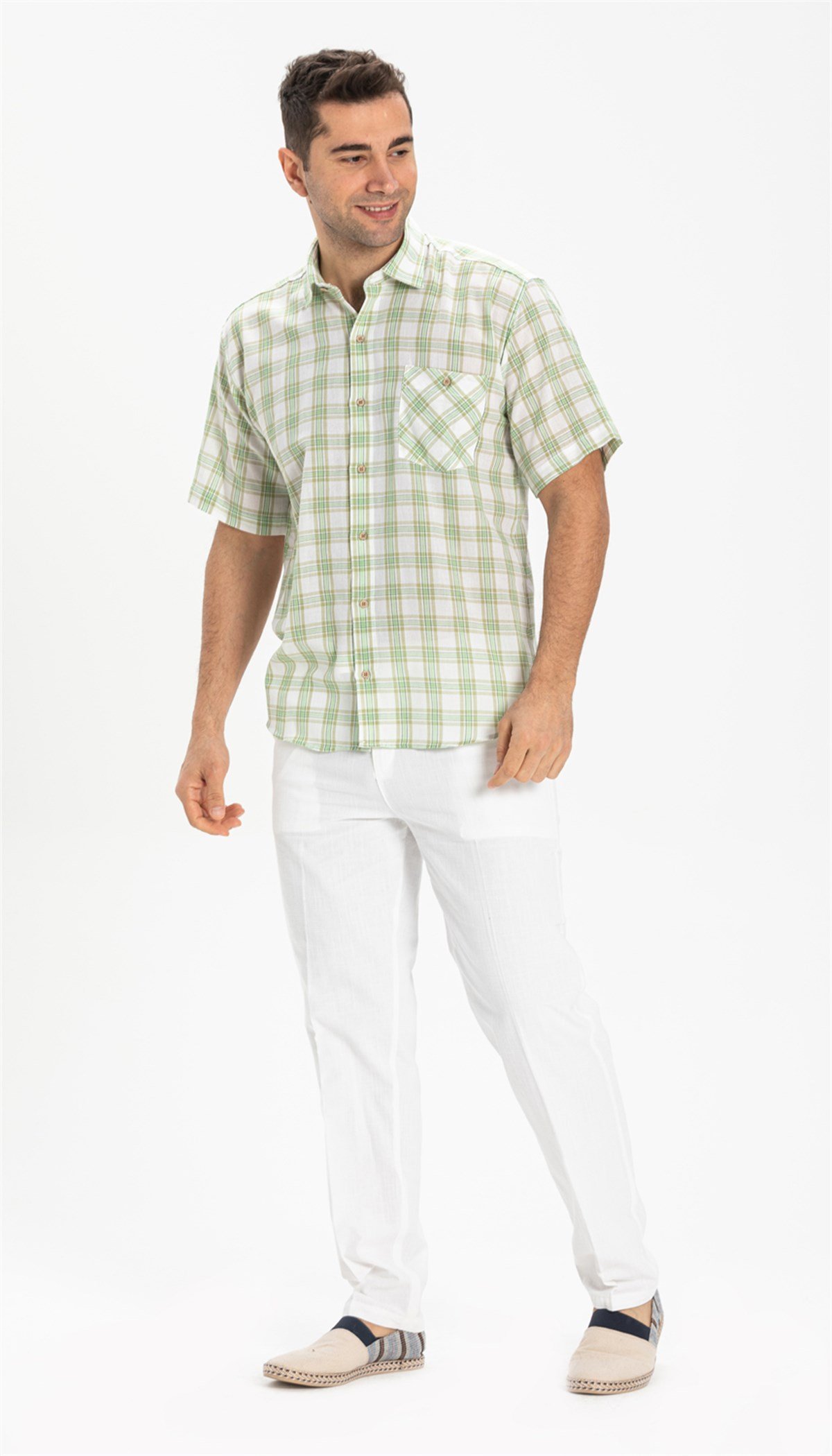 Büyük Beden Kısa Kol Şile Bezi Erkek Gömlek Yeşil Ekose 3063