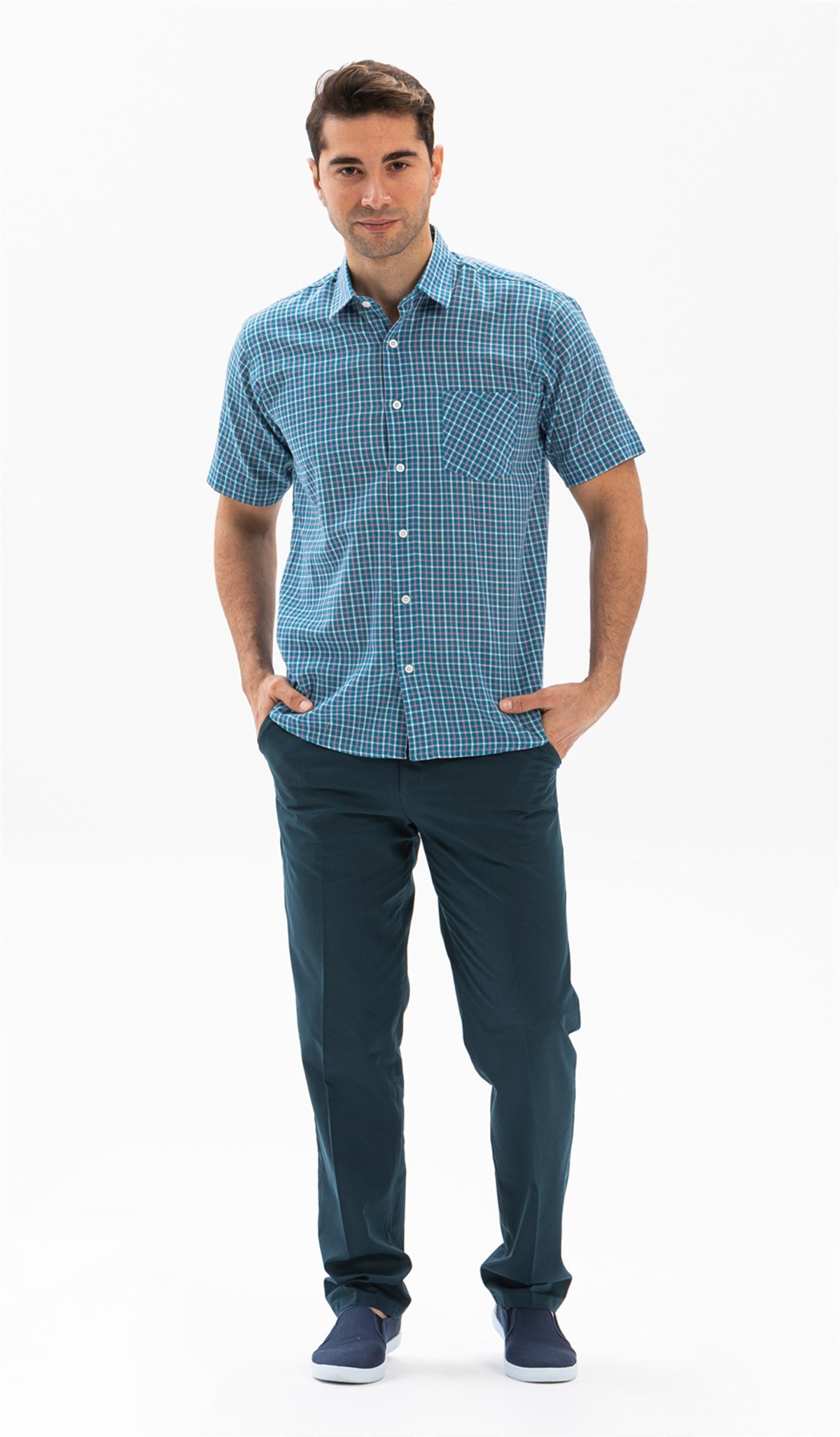 Büyük Beden Kısa Kol Şile Bezi Erkek Gömlek Petrol Ekose