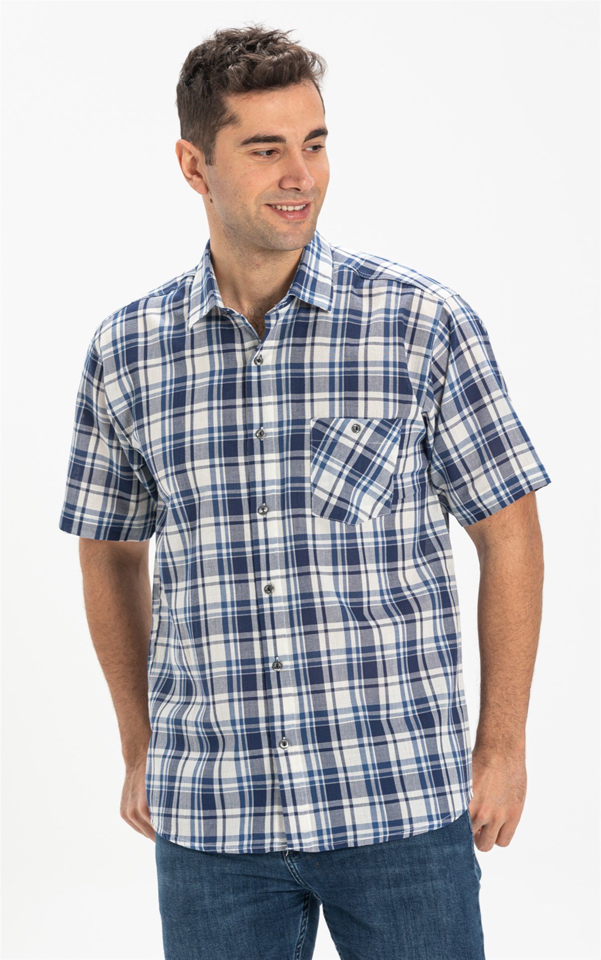 Büyük Beden Kısa Kol Şile Bezi Erkek Gömlek Lacivert Ekose 3058