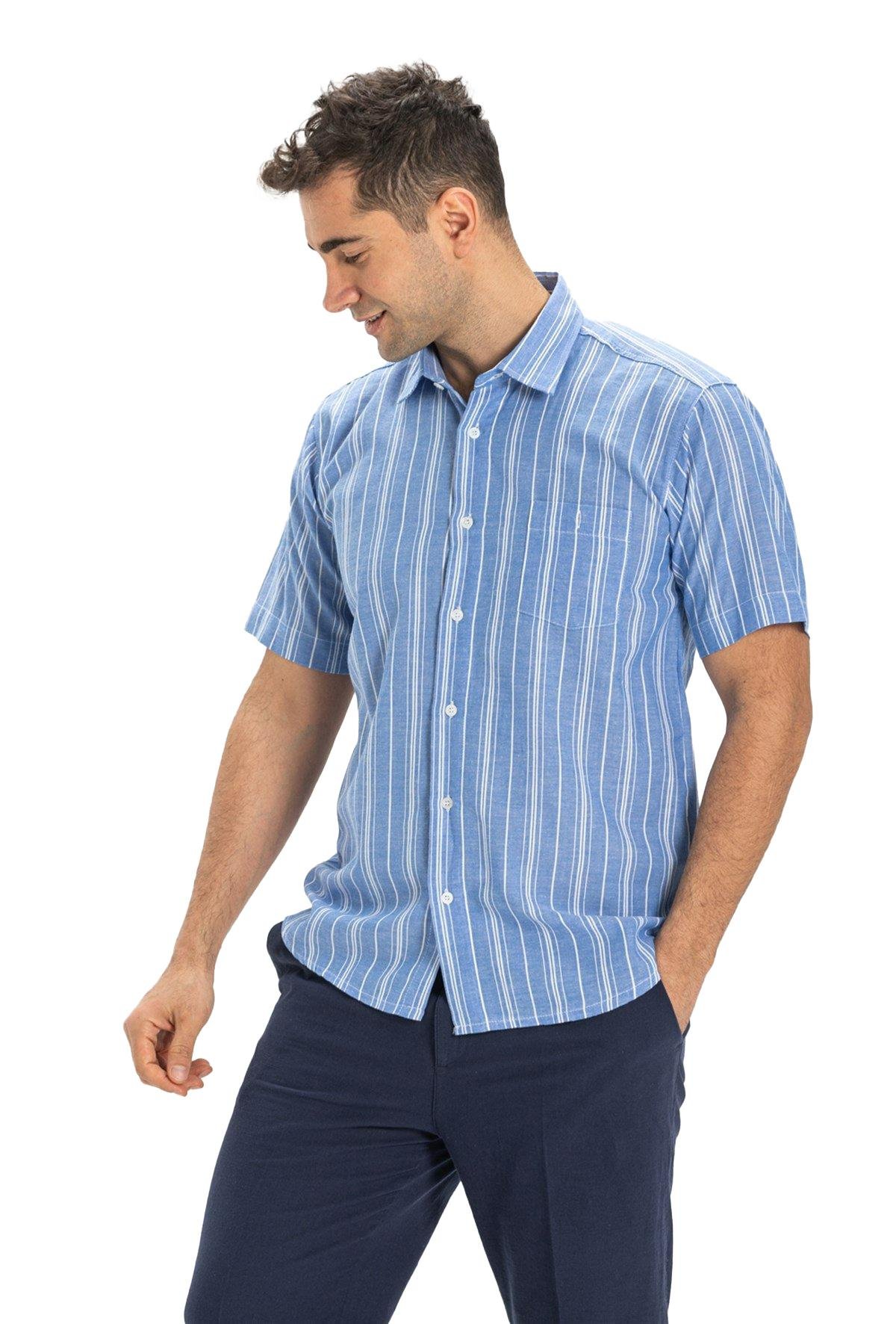 Büyük Beden Kısa Kol Şile Bezi Tek Cepli Erkek Gömlek Mavi Beyaz Çizgili 3019