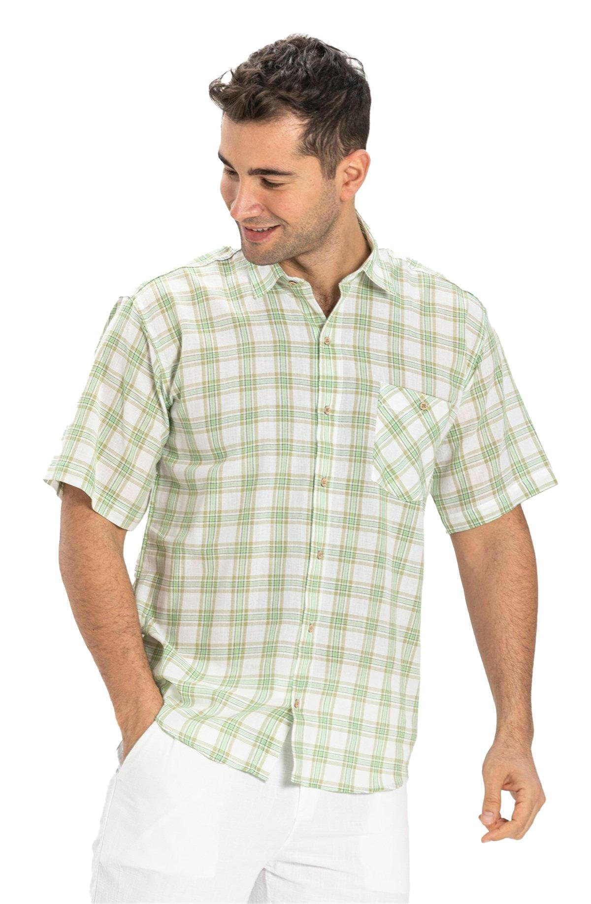 Büyük Beden Kısa Kol Şile Bezi Tek Cepli Erkek Gömlek Yeşil Ekose 3063