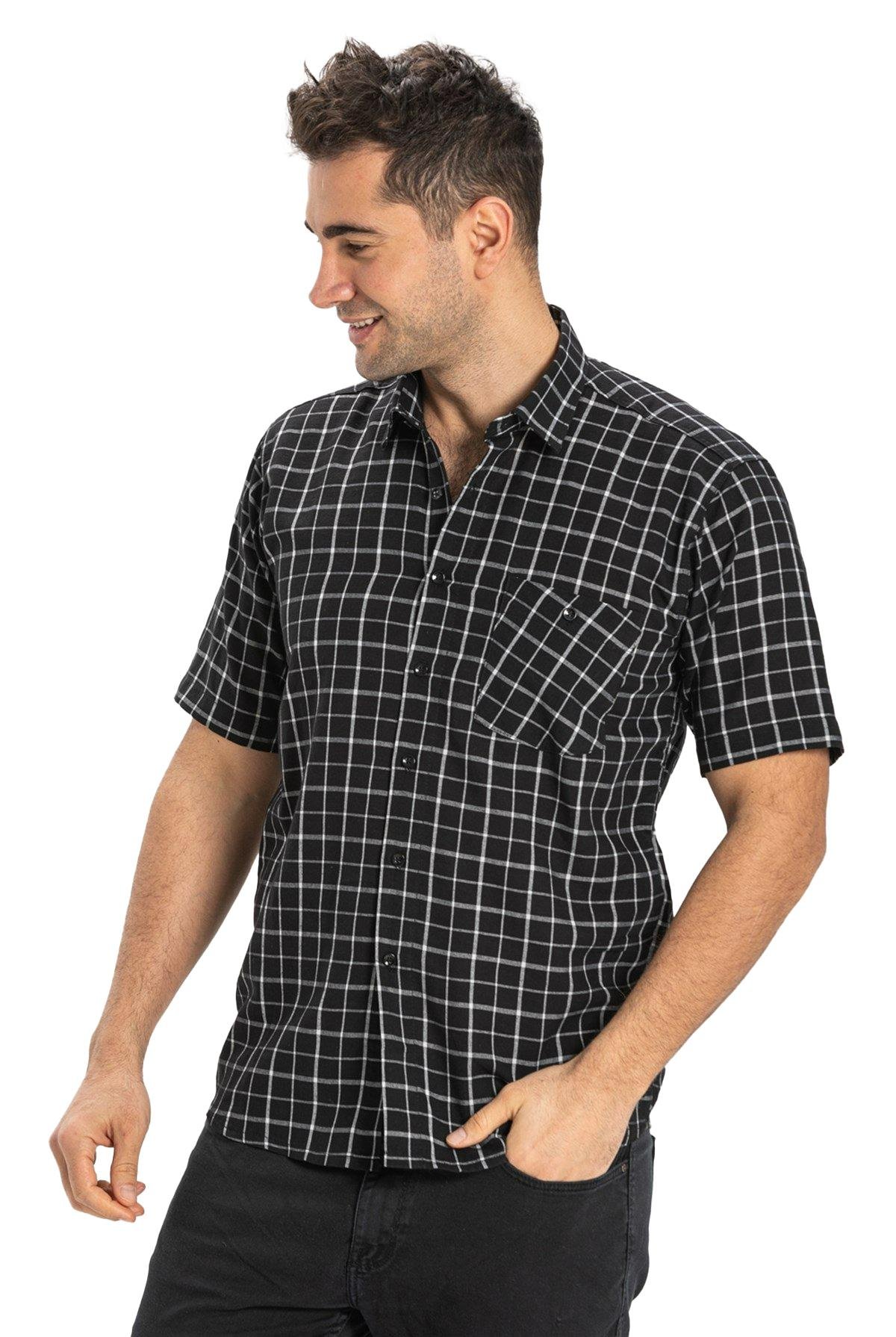 Büyük Beden Kısa Kol Şile Bezi Tek Cepli Erkek Gömlek Siyah Kareli 3055