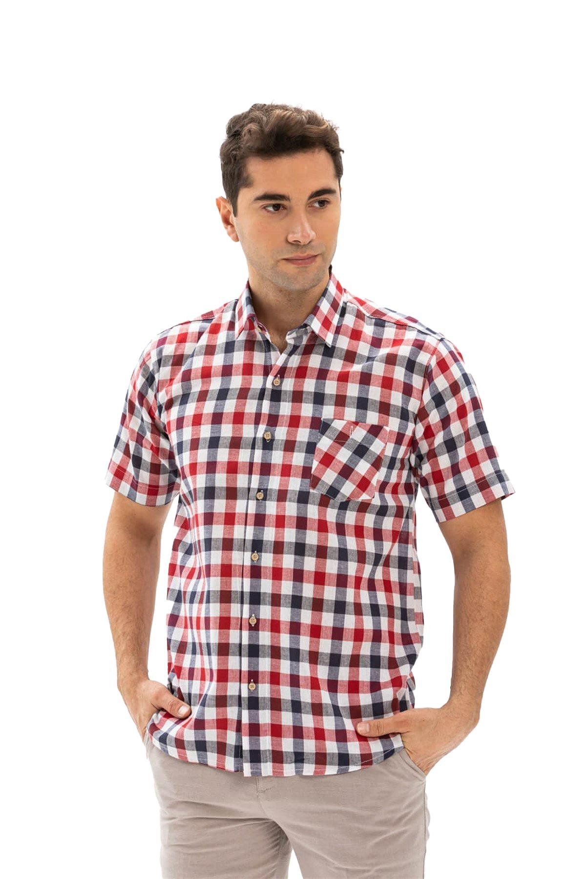 Büyük Beden Kısa Kol Şile Bezi Tek Cepli Erkek Gömlek Kırmızı Lacivert Kareli 3008
