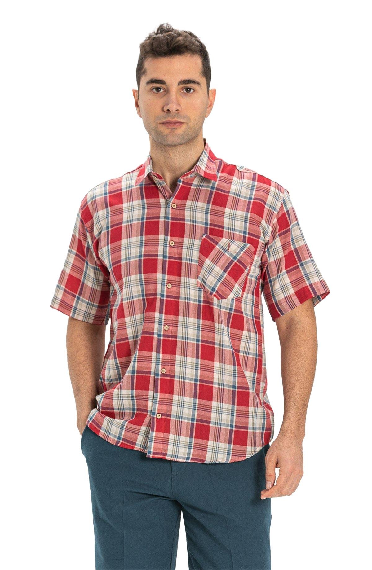 Büyük Beden Kısa Kol Şile Bezi Tek Cepli Erkek Gömlek Kırmızı Lacivert Ekose 3057
