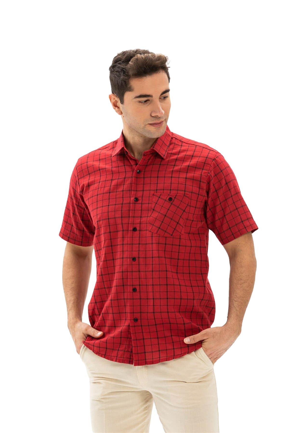 Büyük Beden Kısa Kol Şile Bezi Tek Cepli Erkek Gömlek Kırmızı Kareli 3056