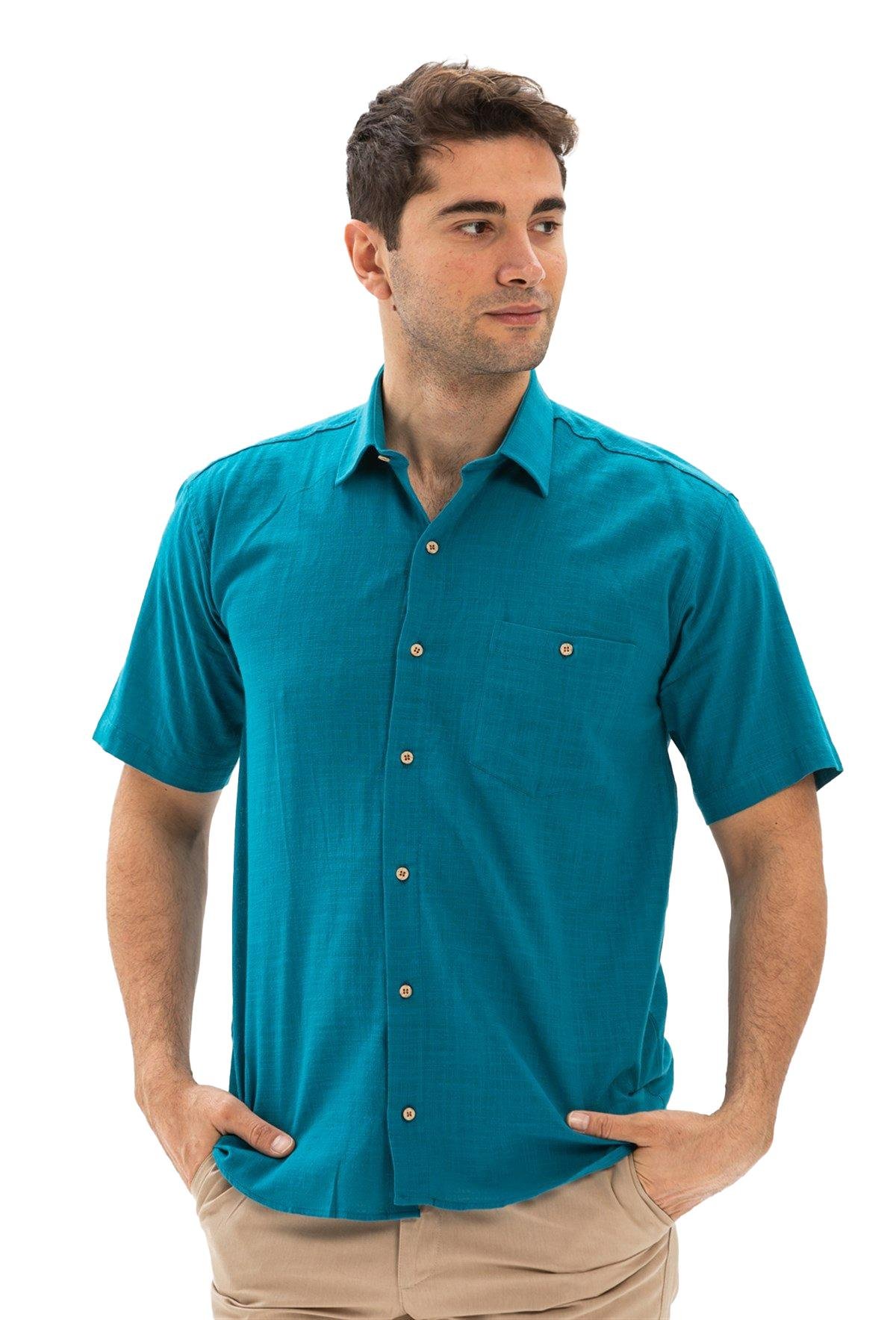 Büyük Beden Kısa Kol Şile Bezi Tek Cepli Erkek Gömlek Petrol 3053