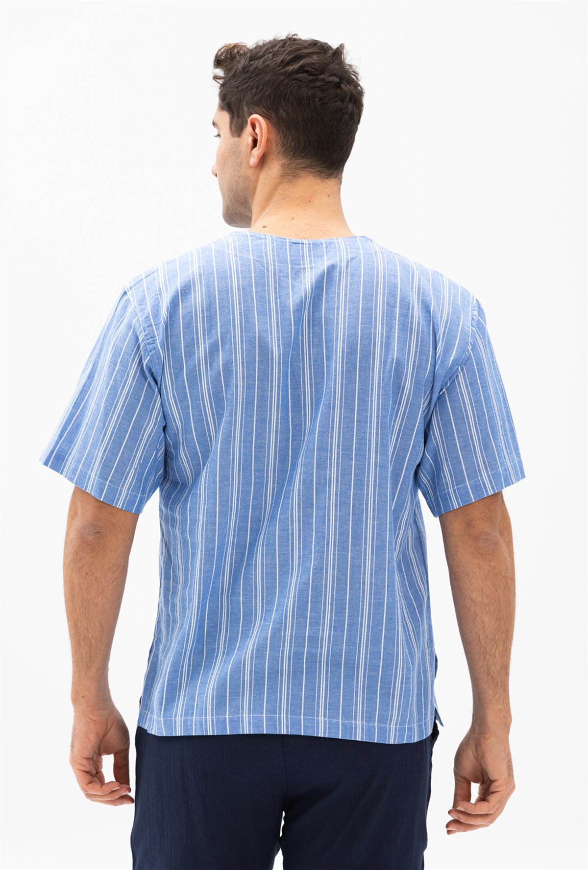 Büyük Beden Kısa Kol Şile Bezi Zımbalı Erkek Tshirt Mavi Beyaz Çizgili