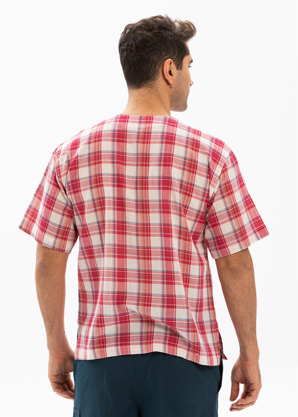 Büyük Beden Kısa Kol Şile Bezi Zımbalı Erkek Tshirt Kırmızı Krem Ekose