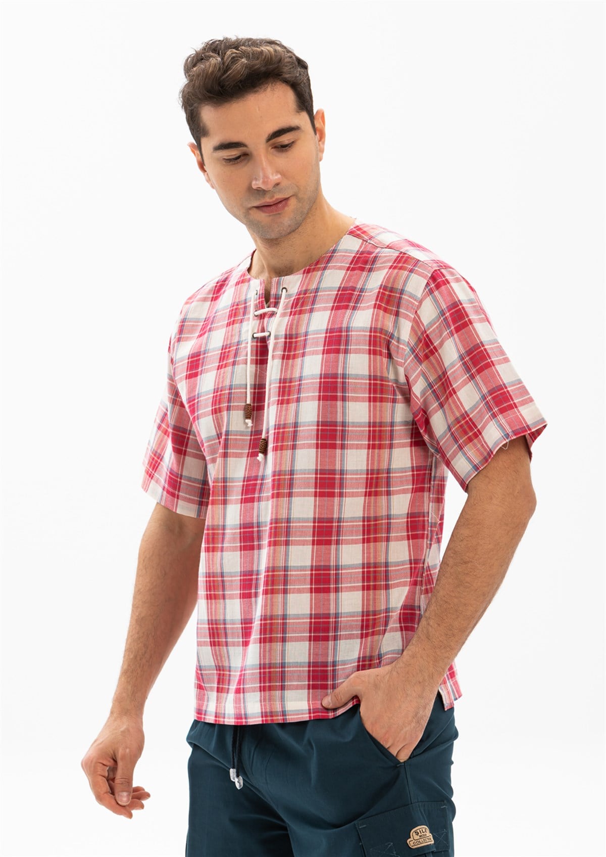 Büyük Beden Kısa Kol Şile Bezi Zımbalı Erkek Tshirt Kırmızı Krem Ekose