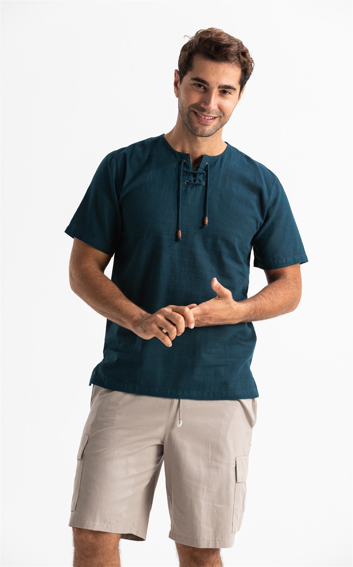 Büyük Beden Kısa Kol Şile Bezi Zımbalı Erkek Tshirt Koyu Petrol 3069