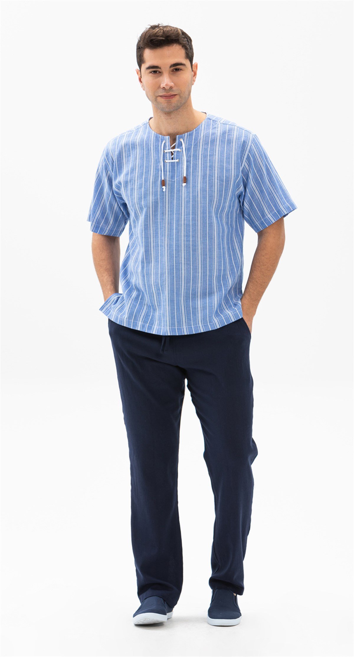 Büyük Beden Kısa Kol Şile Bezi Zımbalı Erkek Tshirt Mavi Beyaz Çizgili