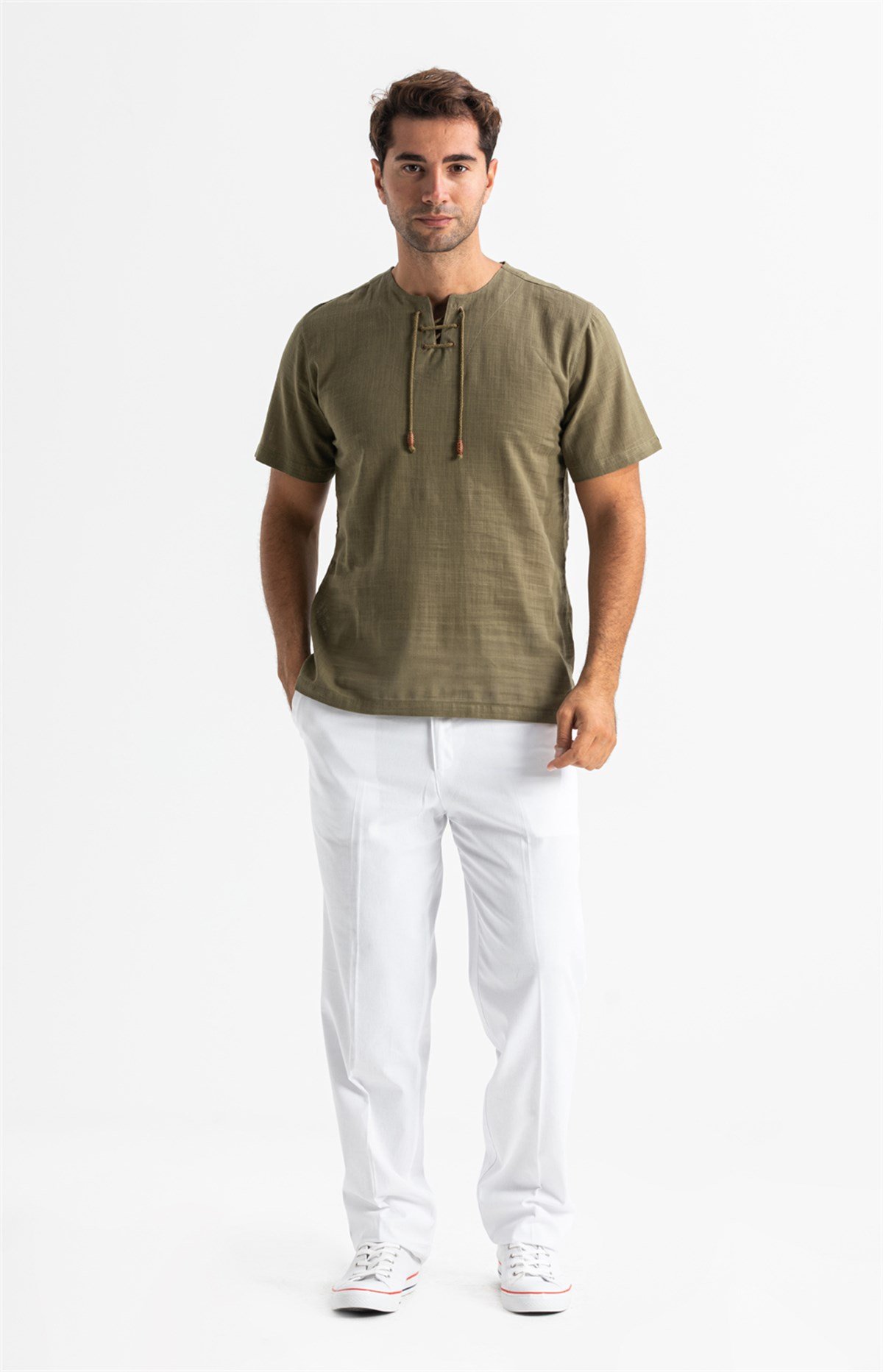 Büyük Beden Kısa Kol Şile Bezi Zımbalı Erkek Tshirt Haki 3049