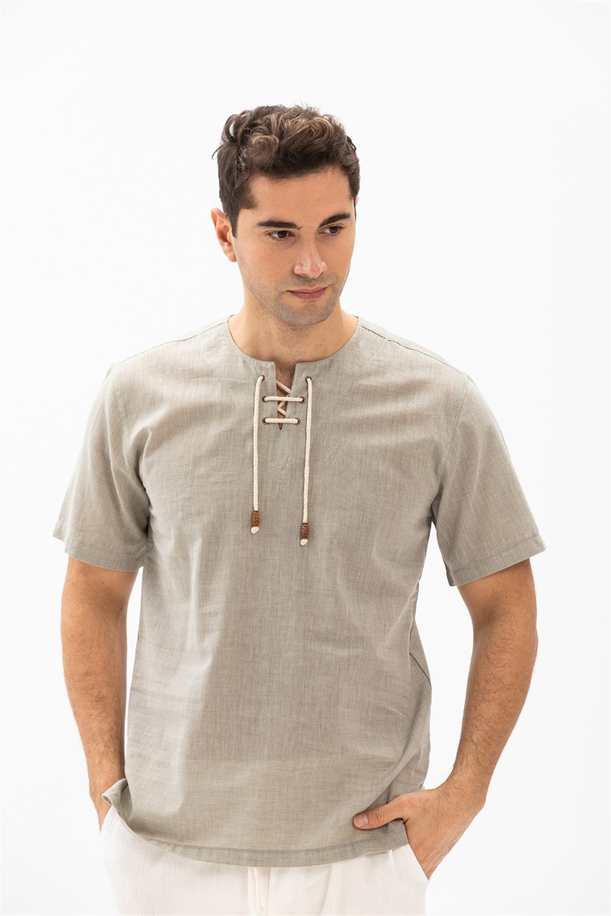 Büyük Beden Kısa Kol Şile Bezi Zımbalı Erkek Tshirt Taş