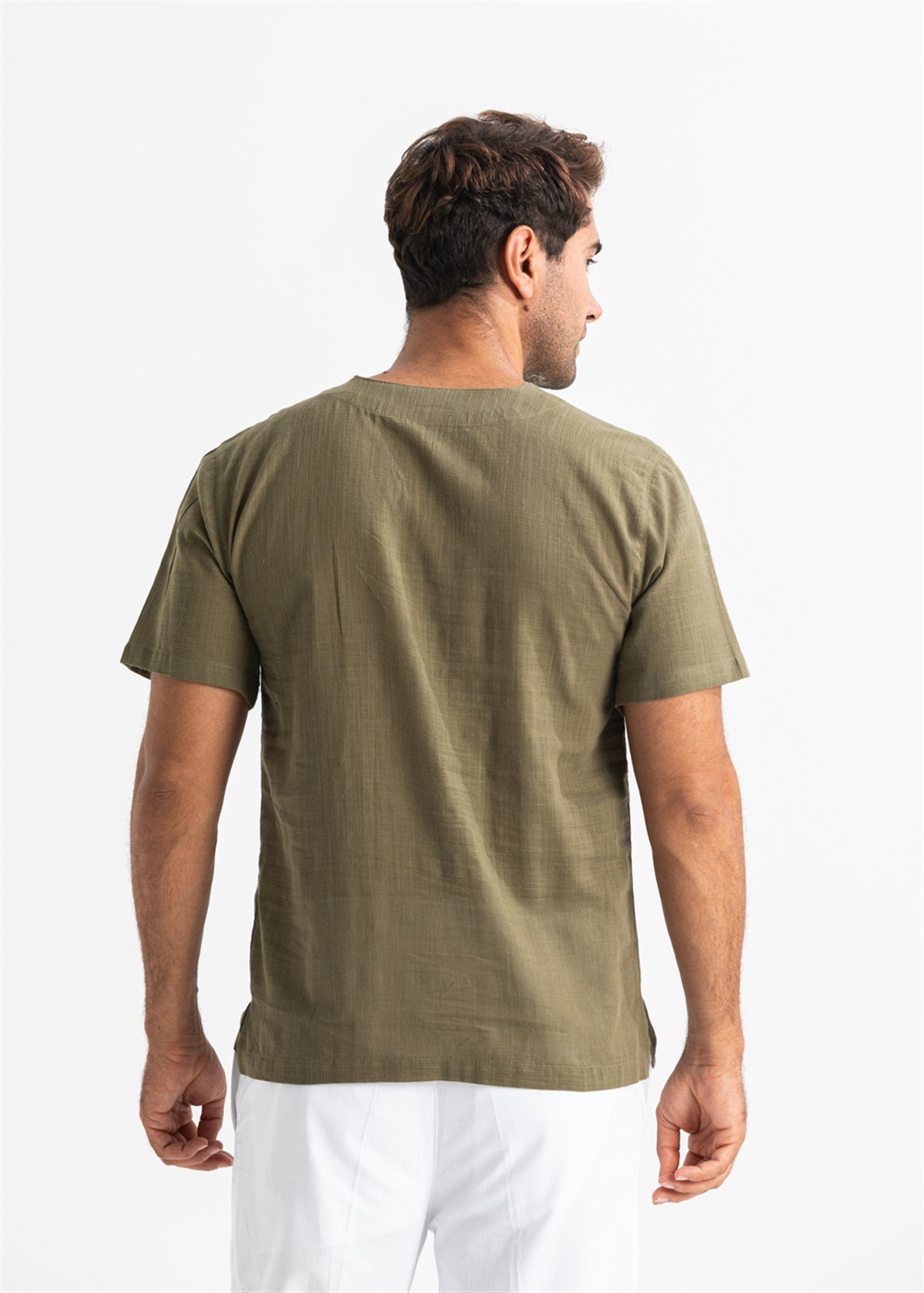 Büyük Beden Kısa Kol Şile Bezi Zımbalı Erkek Tshirt Haki 3049