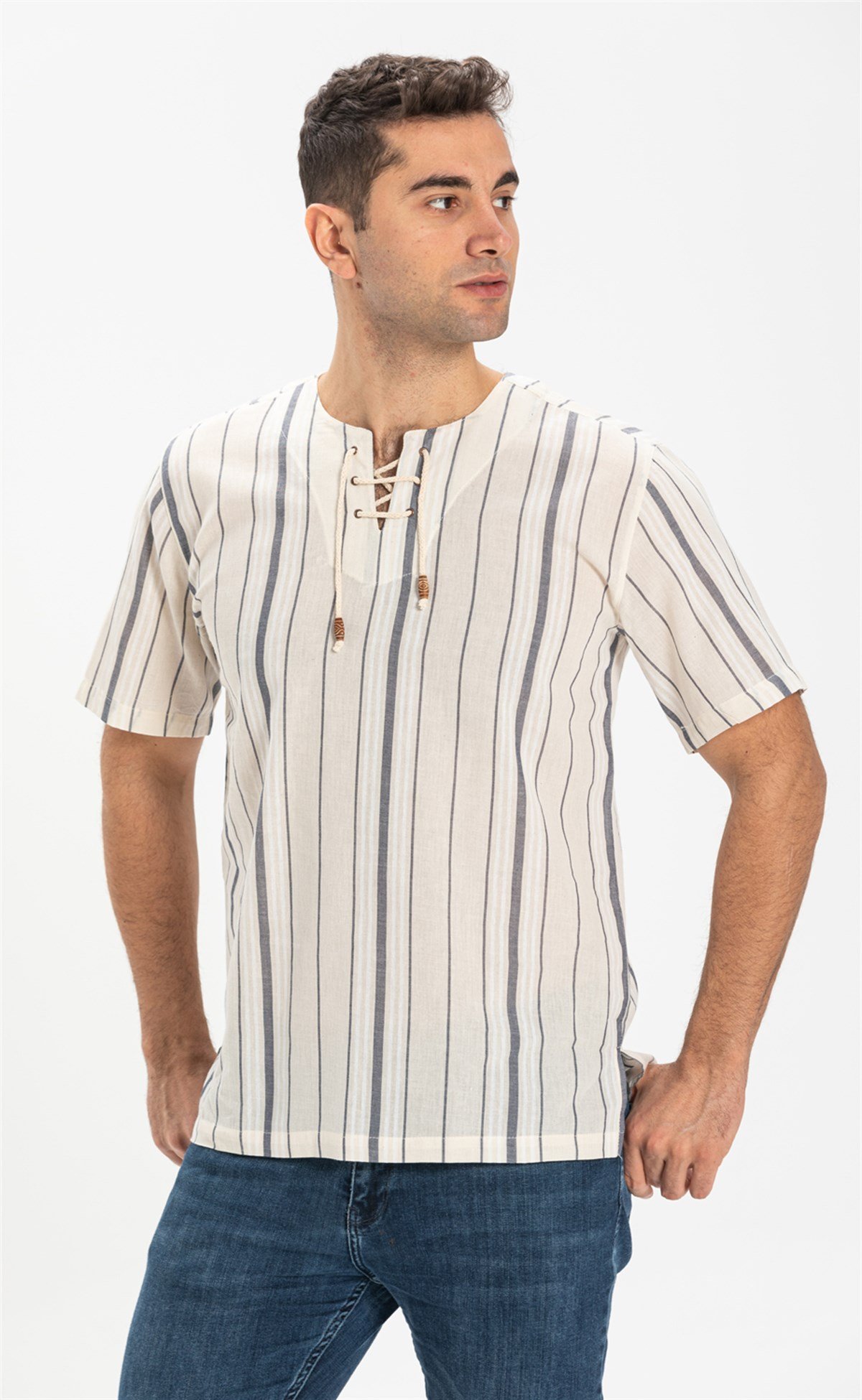 Büyük Beden Kısa Kol Şile Bezi Zımbalı Erkek Tshirt Ekru Gri Çizgili 3028