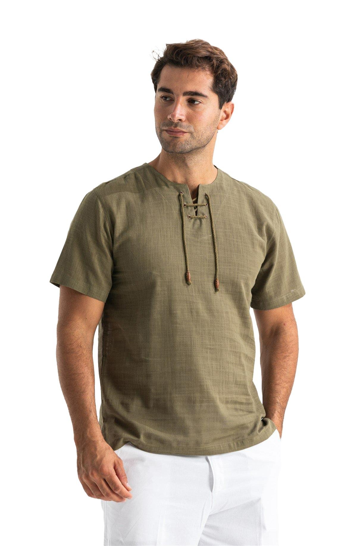 Büyük Beden Kısa Kol Şile Bezi Zımbalı Erkek Tshirt Haki 3049