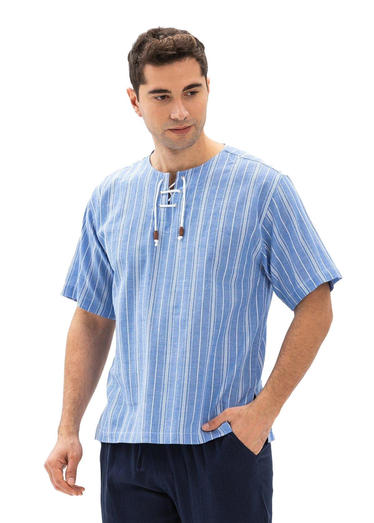 Büyük Beden Kısa Kol Şile Bezi Zımbalı Erkek Tshirt Mavi Beyaz Çizgili 3019