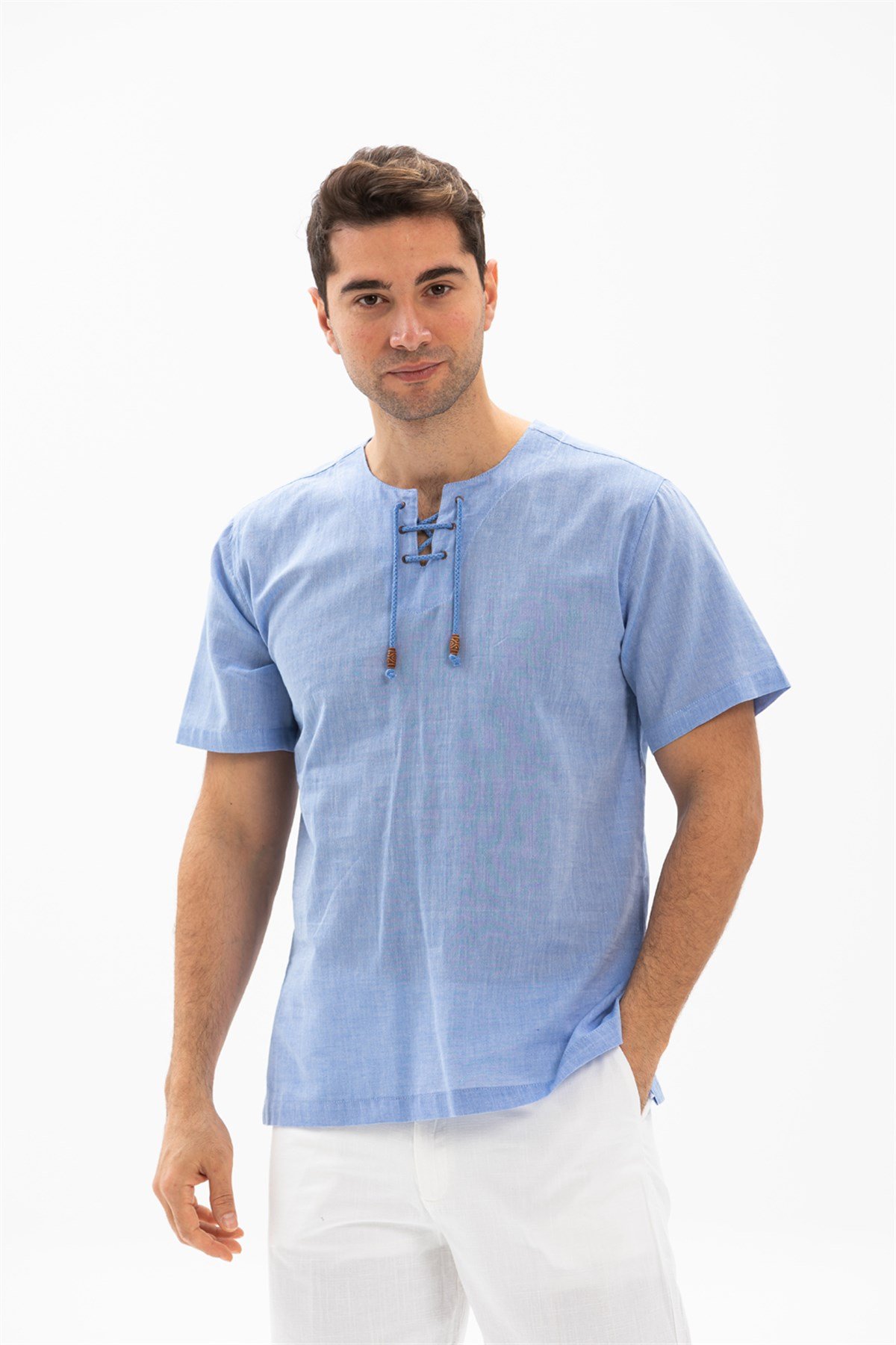 Büyük Beden Kısa Kol Şile Bezi Zımbalı Erkek Tshirt Mavi