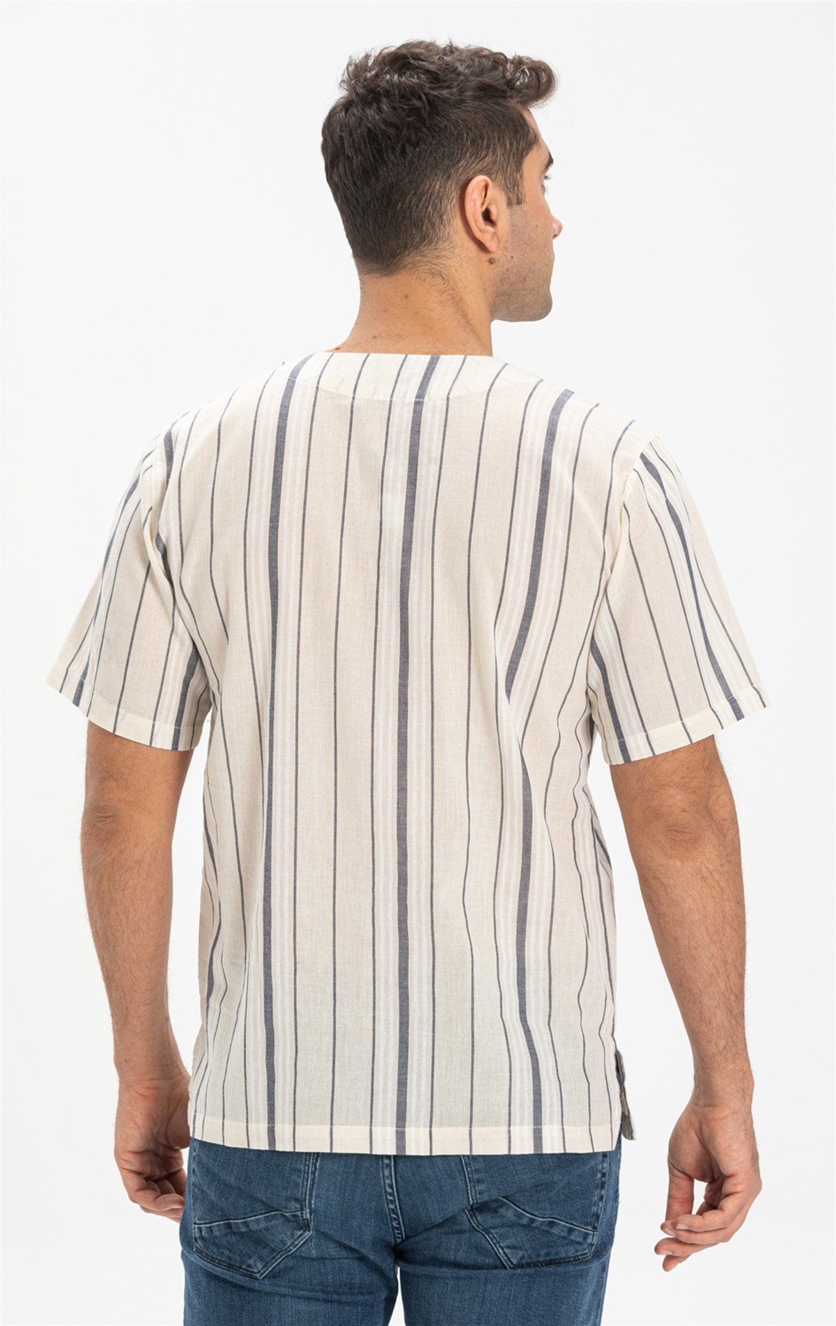 Büyük Beden Kısa Kol Şile Bezi Zımbalı Erkek Tshirt Ekru Gri Çizgili 3028