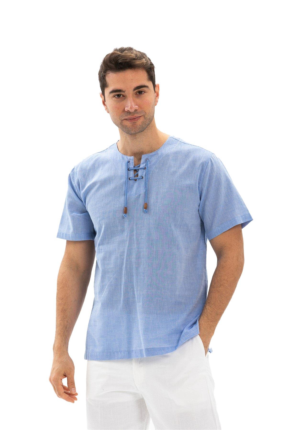 Büyük Beden Kısa Kol Şile Bezi Zımbalı Erkek Tshirt Mavi 3032