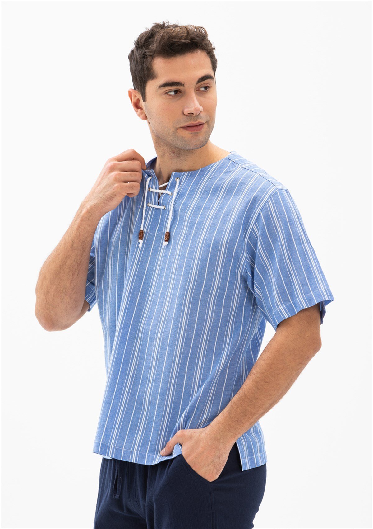 Büyük Beden Kısa Kol Şile Bezi Zımbalı Erkek Tshirt Mavi Beyaz Çizgili