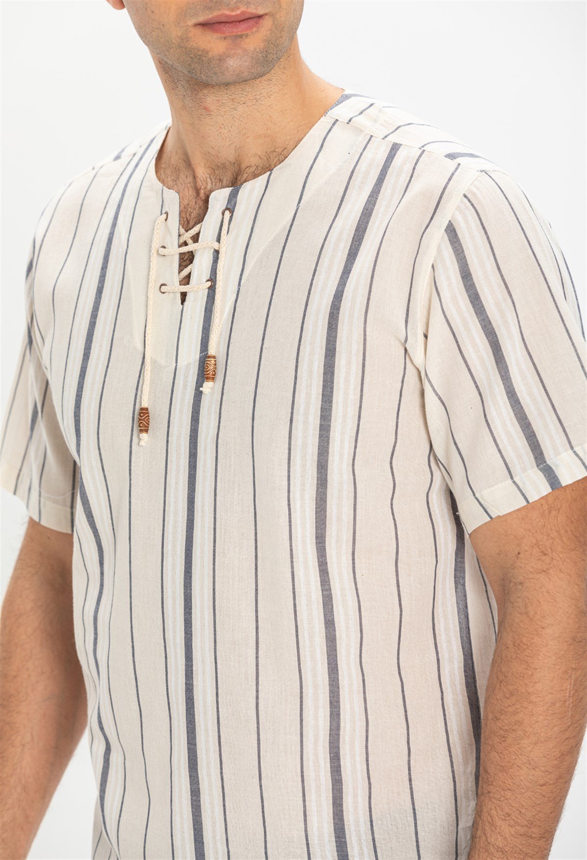 Büyük Beden Kısa Kol Şile Bezi Zımbalı Erkek Tshirt Ekru Gri Çizgili 3028