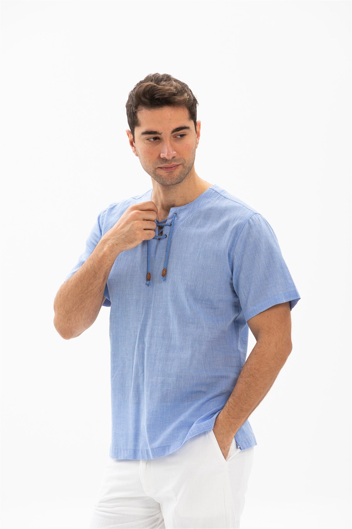 Büyük Beden Kısa Kol Şile Bezi Zımbalı Erkek Tshirt Mavi