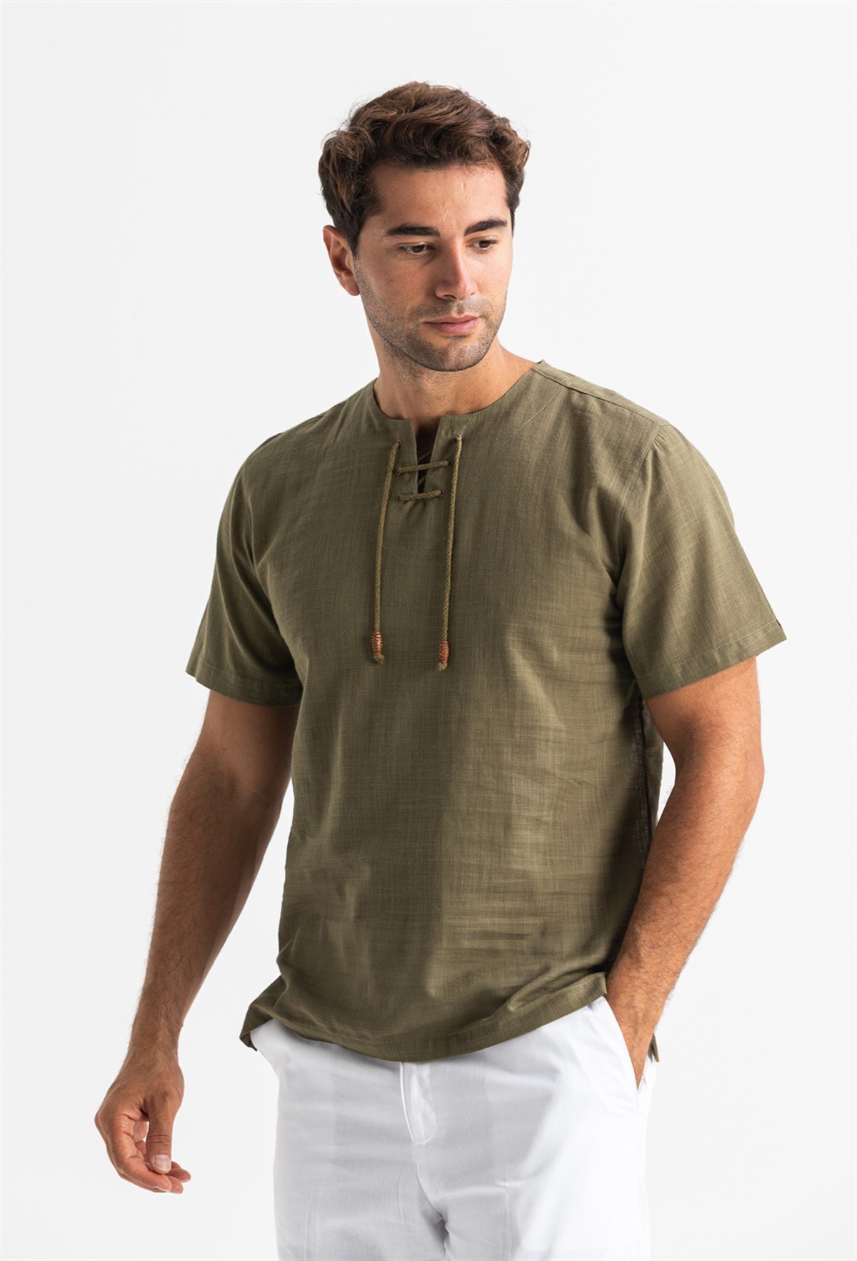 Büyük Beden Kısa Kol Şile Bezi Zımbalı Erkek Tshirt Haki 3049