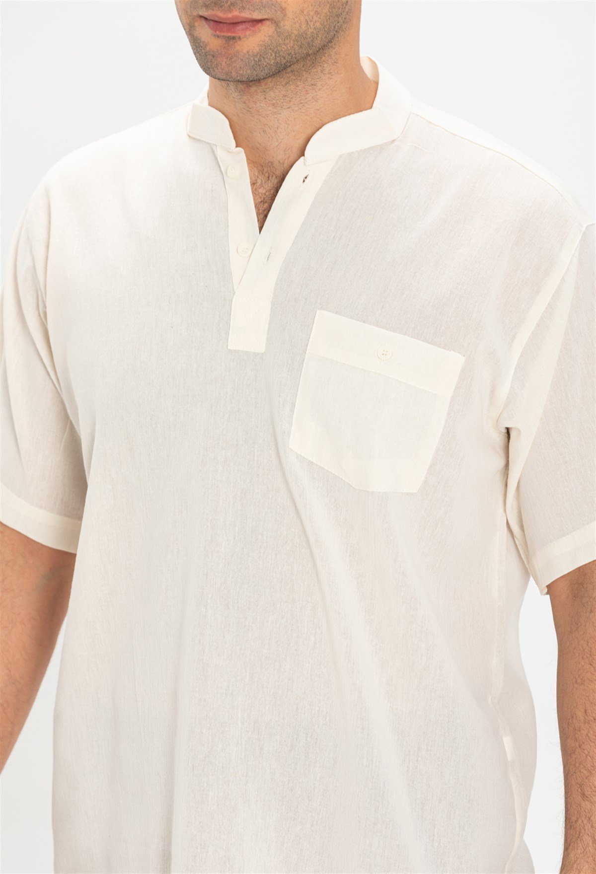 Büyük Beden Şile Bezi Kısa Kol Hakim Yaka Erkek Tshirt Krem 3002