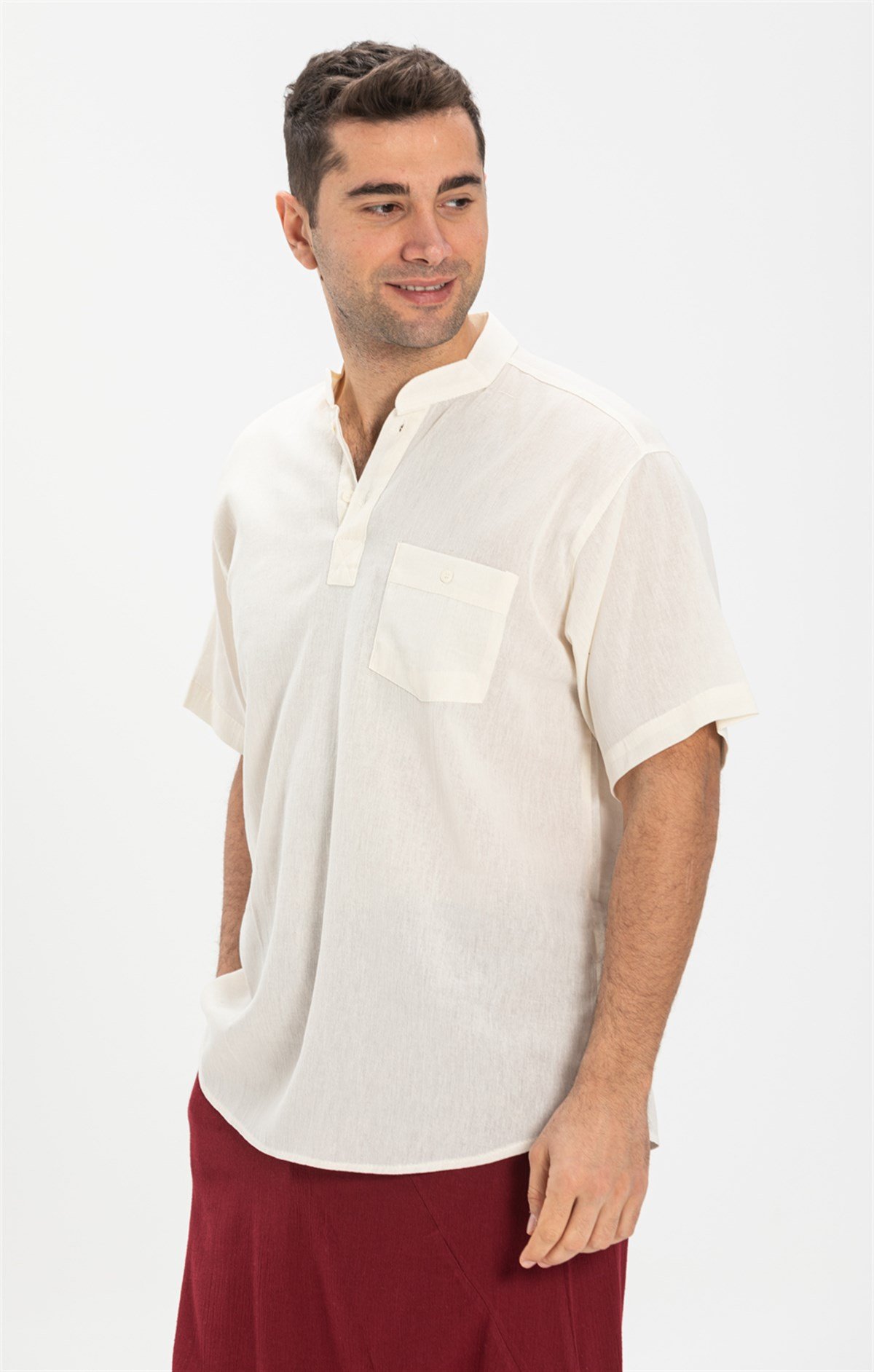 Büyük Beden Şile Bezi Kısa Kol Hakim Yaka Erkek Tshirt Krem 3002