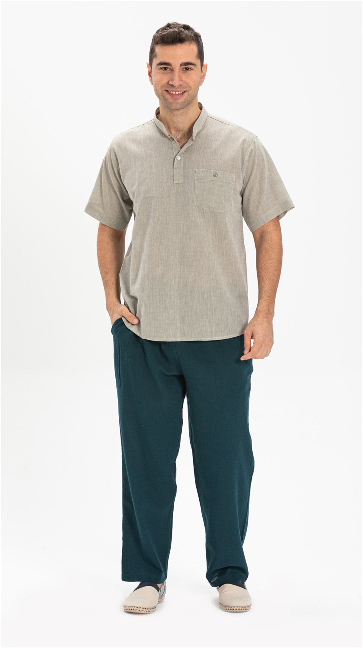 Büyük Beden Şile Bezi Kısa Kol Hakim Yaka Erkek Tshirt Taş 3031