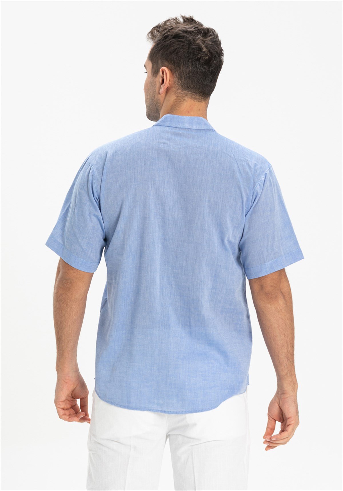 Büyük Beden Şile Bezi Kısa Kol Hakim Yaka Erkek Tshirt Mavi 3032