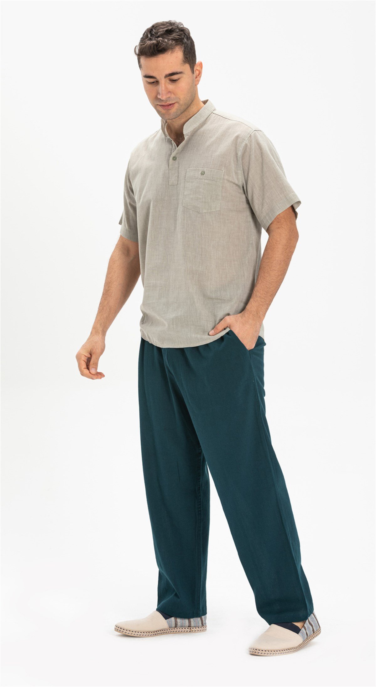 Büyük Beden Şile Bezi Kısa Kol Hakim Yaka Erkek Tshirt Taş 3031