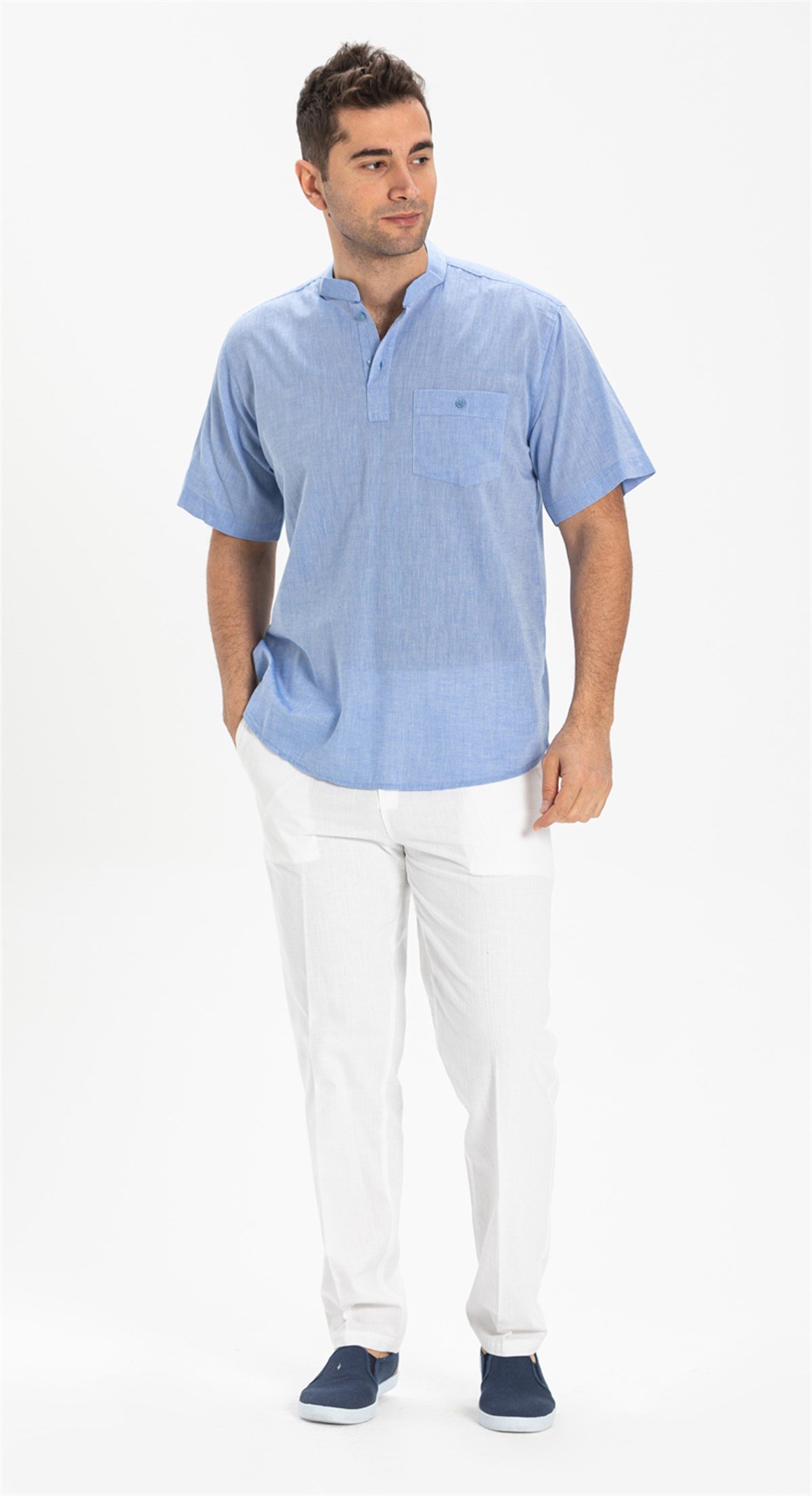 Büyük Beden Şile Bezi Kısa Kol Hakim Yaka Erkek Tshirt Mavi 3032