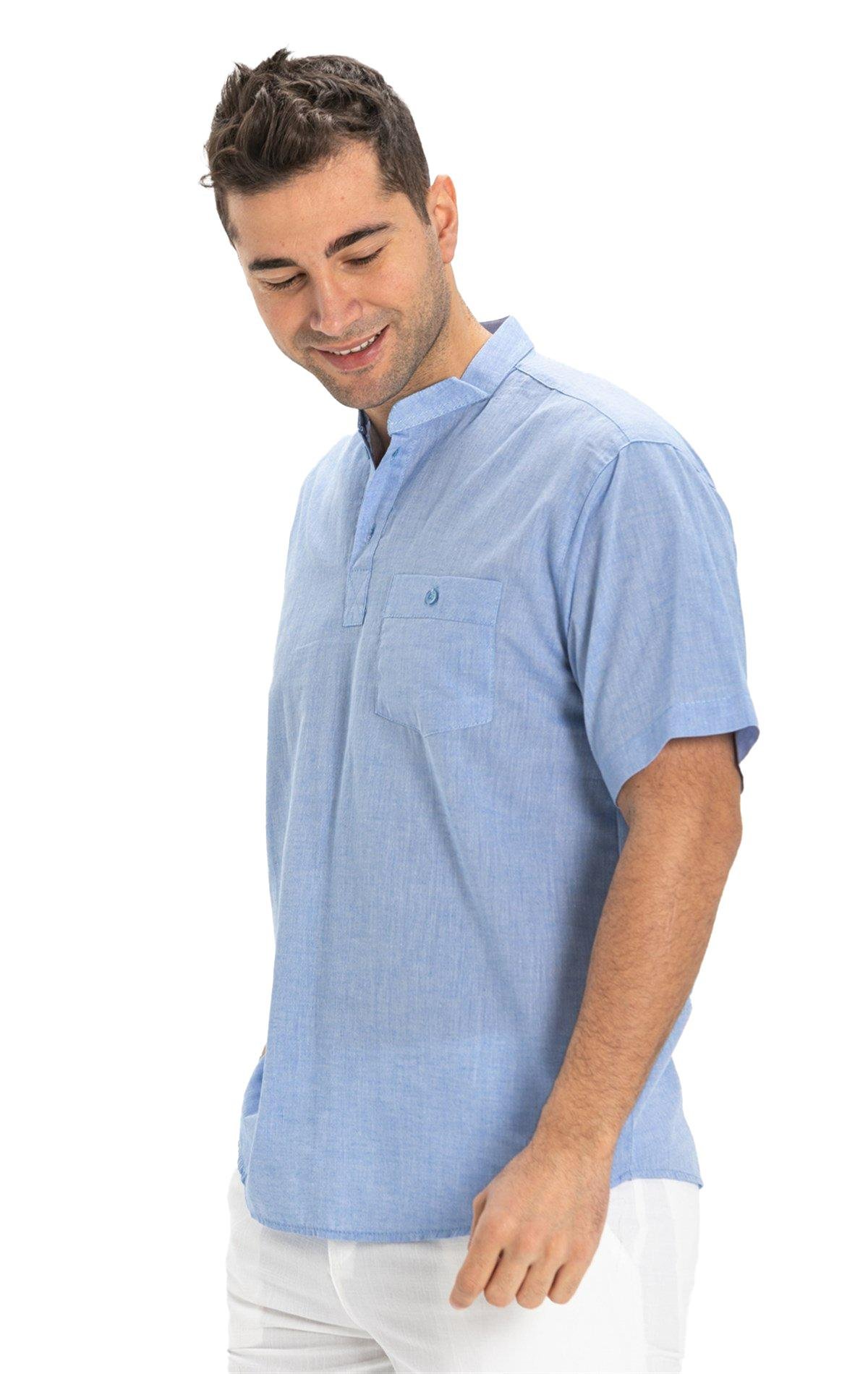Büyük Beden Şile Bezi Kısa Kol Tek Cepli Hakim Yaka Erkek Tshirt Mavi 3032