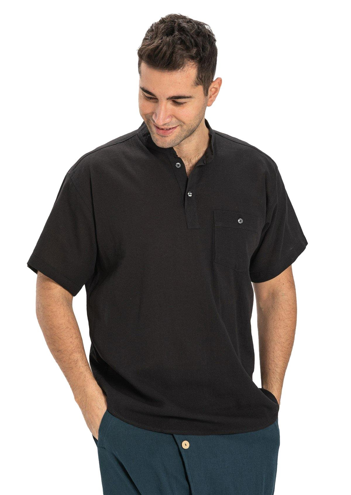 Büyük Beden Şile Bezi Kısa Kol Tek Cepli Hakim Yaka Erkek Tshirt Siyah 3003